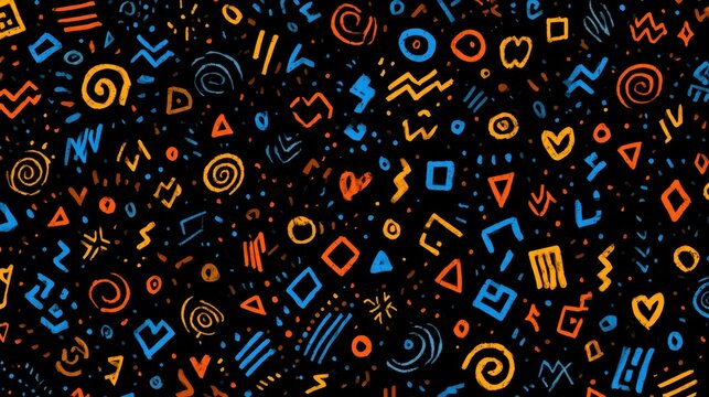 Vibrant memphis style pattern featuring geometric elementsspirals, zigzags, triangles, circles, squares, hearts, dotscomposing dynamic graphic design against black background