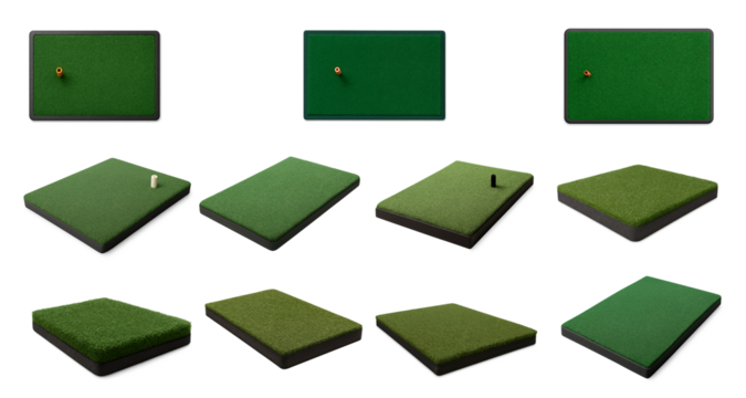 Set of golf practice mats isolated on transparent background; various green turf mats with tees shown in different shapes and angles in this isolated set for golf training or sports equipment themes