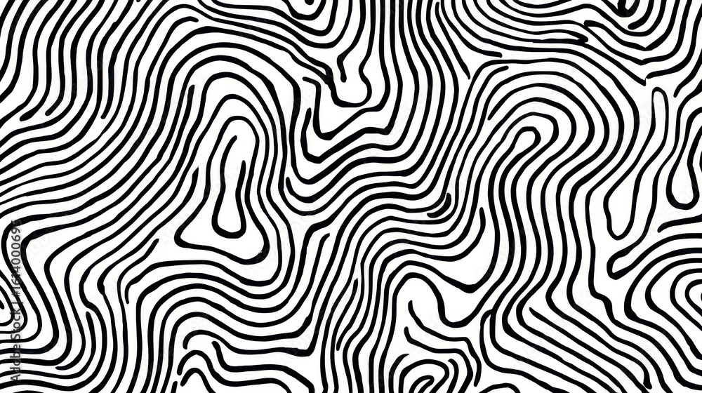 Poster black and white wavy lines forming concentric pattern, representing minimalist graphic design with s