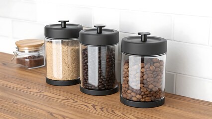 Elegant Kitchen Storage: Glass Jars with Black Lids on Wood Countertop, Modern Pantry Organization and Food Preservation Concept.