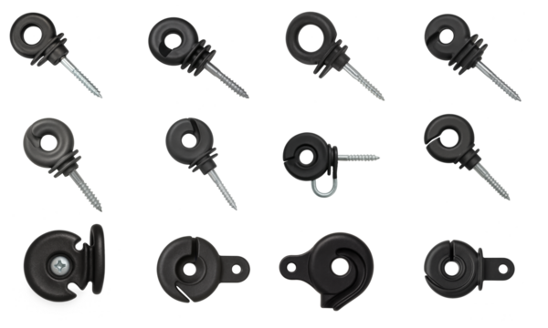 Set of electric fence insulators isolated on transparent background; various screw-in and clip-on black plastic insulators shown in isolated set for fencing, livestock or agricultural hardware themes