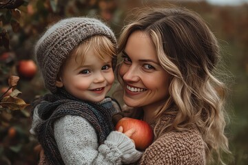 Obraz premium Mother and toddler picking apples at an orchard, sharing laughter and delicious snacks