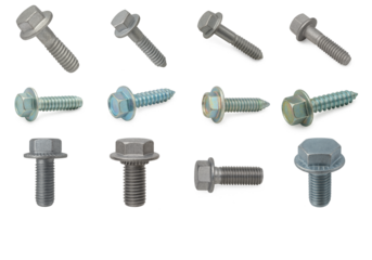 Multiple flanged hex head screws shown from various angles; steel self-tapping machine screws with built-in washers used for secure fastening in construction mechanical joints, hardware detail concept