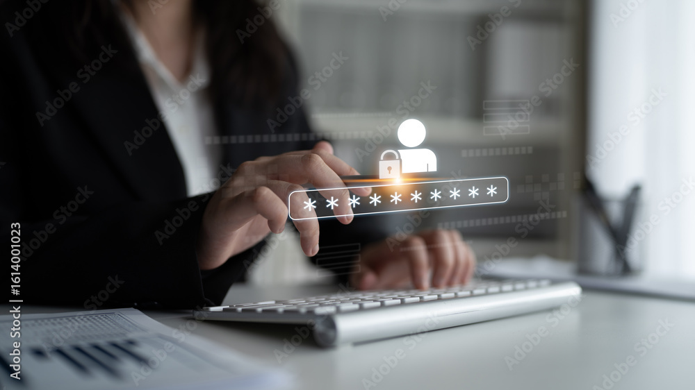 Poster user authentication and password protection concept showing secure login, privacy safeguard, data pr