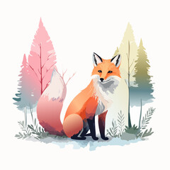 Obraz premium Stylized red fox with a clever expression and a large, fluffy, pink-hued tail.