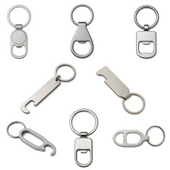 Collection of metallic keyring bottle openers in various shapes and designs; functional and compact openers with polished finish used for beverage bottles and portable everyday carry tools