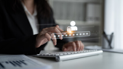 User authentication and password protection concept showing secure login, privacy safeguard, data...
