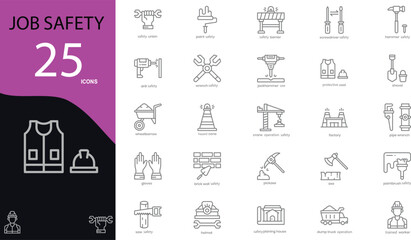 Job safety related icons collection. Containing safety union, safety barrier, wrench safety, protective vest, gloves, helmet, and shovel. Outline icons. Vector illustration. Editable stroke. 
