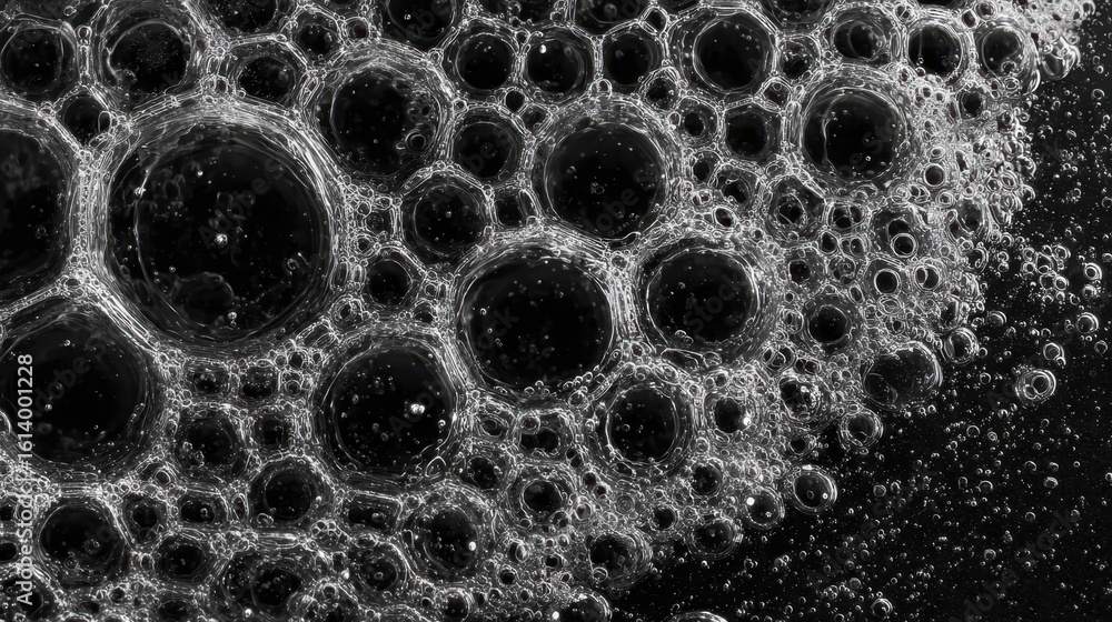 Poster soap foam bubbles forming intricate, delicate patterns with frothy textures against deep dark backgr