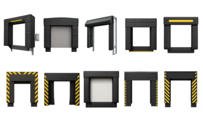 Set of dock door shelters and seals in black with safety markings, designed for weather protection and energy efficiency during truck loading at warehouses and logistics centers