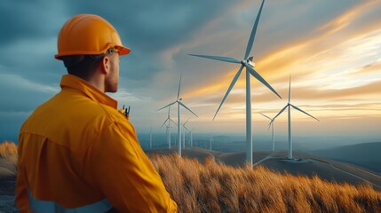 Engineer observing wind turbines at sunset in a wind farm