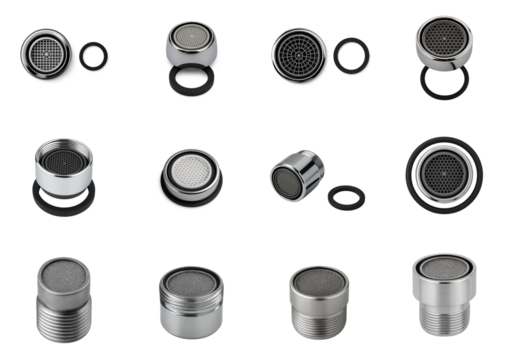 Various faucet aerator inserts in chrome and matte finishes with mesh screens and rubber seals; water-saving accessories that regulate flow and prevent splashing in sinks or bathroom fixtures