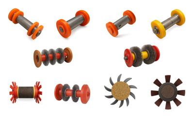 Set of pipeline cleaning pigs in various shapes and materials including brushes, discs and scrapers; designed to clean internal pipe surfaces in industrial flow systems and oil transport lines