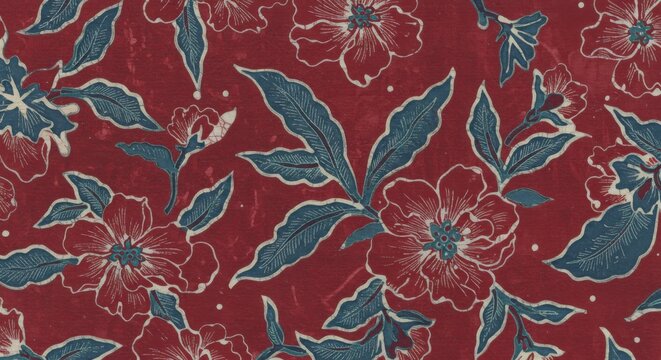 Pattern of flowers with vibrant red petals and blue leaves, arranged in a seamless, detailed and artistic display