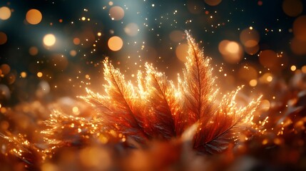 Pampas grass shining in golden light with sparkling particles