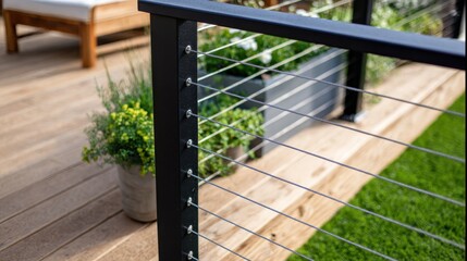 Modern wooden deck featuring sleek black cable railing system, stainless steel horizontal cables, complementing potted greenery and artificial turf surface