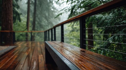 Gentle rain falling on wooden deck, misty forest backdrop offering serene landscape with tranquil atmosphere and natural contemplative moment