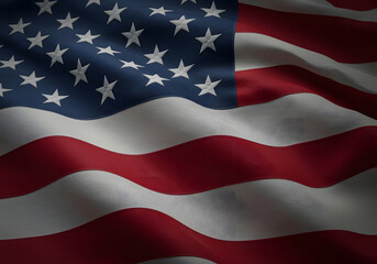 Fototapeta premium Dramatic Close-up of a Waving American Flag, Patriotism, National Pride, Textured Fabric, Dark Background.