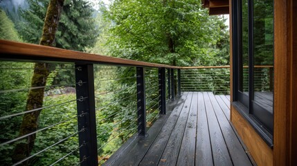 Minimalist wooden deck extending over verdant forest landscape, featuring clean lined railing and expansive glass windows blending interior with natural surroundings