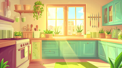 Fototapeta premium Sunny kitchen with plants and sunlight streaming through a large window. Wooden shelves, teal cabinets, and potted herbs adorn the space