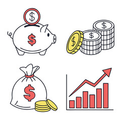 Financial Icons Piggy Bank Coins Money Bag and Growth Chart.
