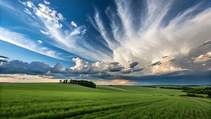 Green Field Under Dramatic Cloudy Sky: Landscape View of Nature's Beauty and Open Space Serenity.