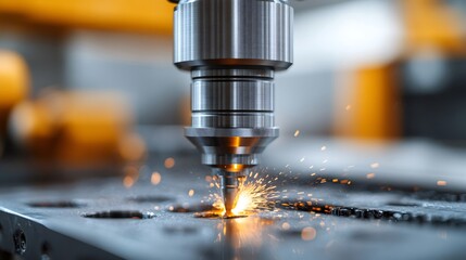 Industrial laser cutter making holes in metal sheet with sparks flying
