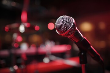 Dynamic Karaoke Performer: Captivating Vocalist on Stage with Red Lighting and Microphone in a Vibrant Atmosphere