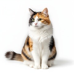 Fluffy Calico Cat with Distinct Patches on White Background