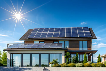 Modern House with Solar Panels and Large Windows in Sunny Eco-Friendly Landscape