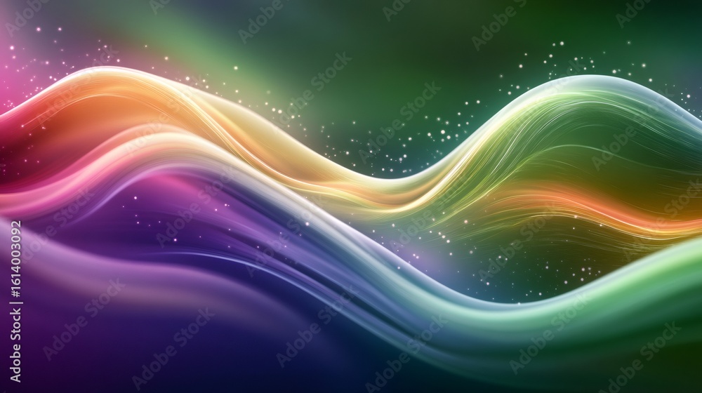 Poster colorful abstract waves flowing with sparkling particles