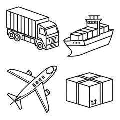 Global Logistics Transportation Icons Truck Ship Airplane Package.
