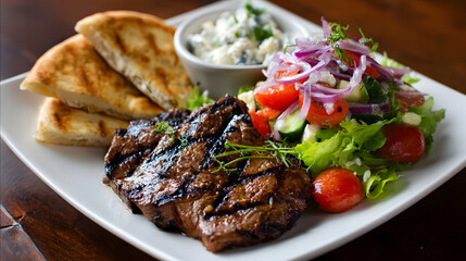 Charcoal grilled steak with Mediterranean salad and pita bread