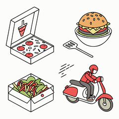 Isometric Food Delivery Icons with Pizza Burger and Scooter.