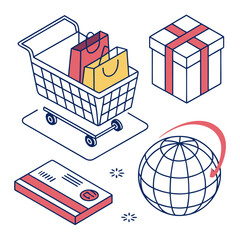 Isometric Shopping Cart with Global Commerce Elements.