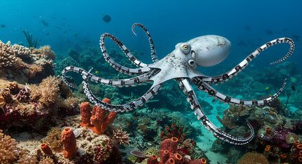 Pixelated Octopus Swimming in Coral Reef