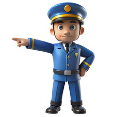 Blue uniformed officer pointing isolated on a transparent background