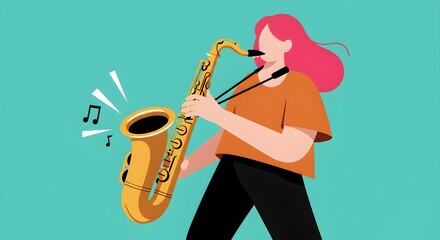 Pink-Haired Musician Plays Golden Saxophone, Musical Notes Emerge, Teal Background.