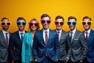 Business Executives in Line Wearing Colorful Oversized Novelty Sunglasses