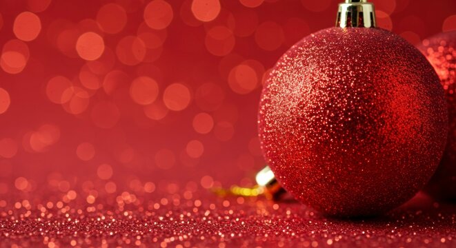 Two shimmering red Christmas ornaments. Glittery textures on a red background, creating festive holiday atmosphere