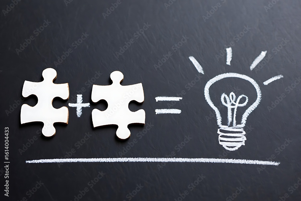 Poster two puzzle pieces and a plus sign leading to a bright light bulb on a dark chalkboard symbolizing th