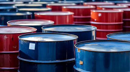 Storage facility showcasing rows of colorful barrels filled with industrial materials, exhibiting patterns of blue and red.