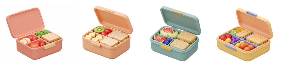 Colorful lunchboxes with sandwiches and fruits in various styles isolated on white