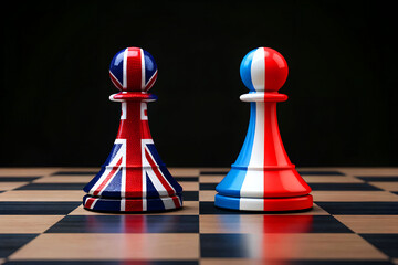 Classic chess concept with pawns painted in UK and France flags standing face to face, representing competition, diplomacy, and cultural power dynamics.