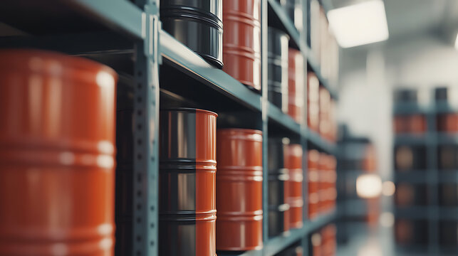 Rows of drums. Industrial storage with stacked barrels filled with petroleum products in red and black. Supplies in warehouse.