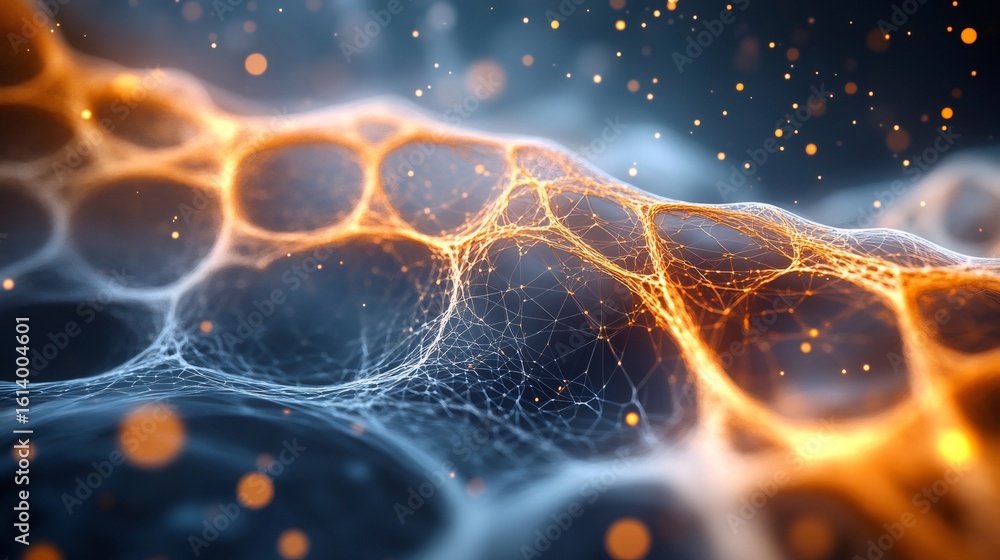 Poster abstract glowing orange plexus mesh network emitting light particles