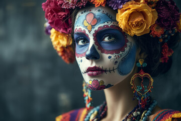 A dramatic sugar skull makeup on a hispanic female with vibrant floral details, bold colors, and intricate patterns around the eyes and forehead