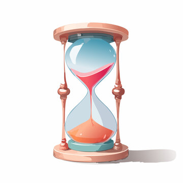 Elegant illustrated hourglass with a rose gold frame, blue glass, and flowing red sand.