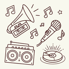 Retro Music Icons Microphone Boombox Trumpet and Notes.