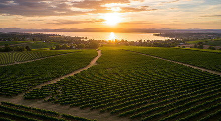 Vineyard At Sunset Overlooking Water